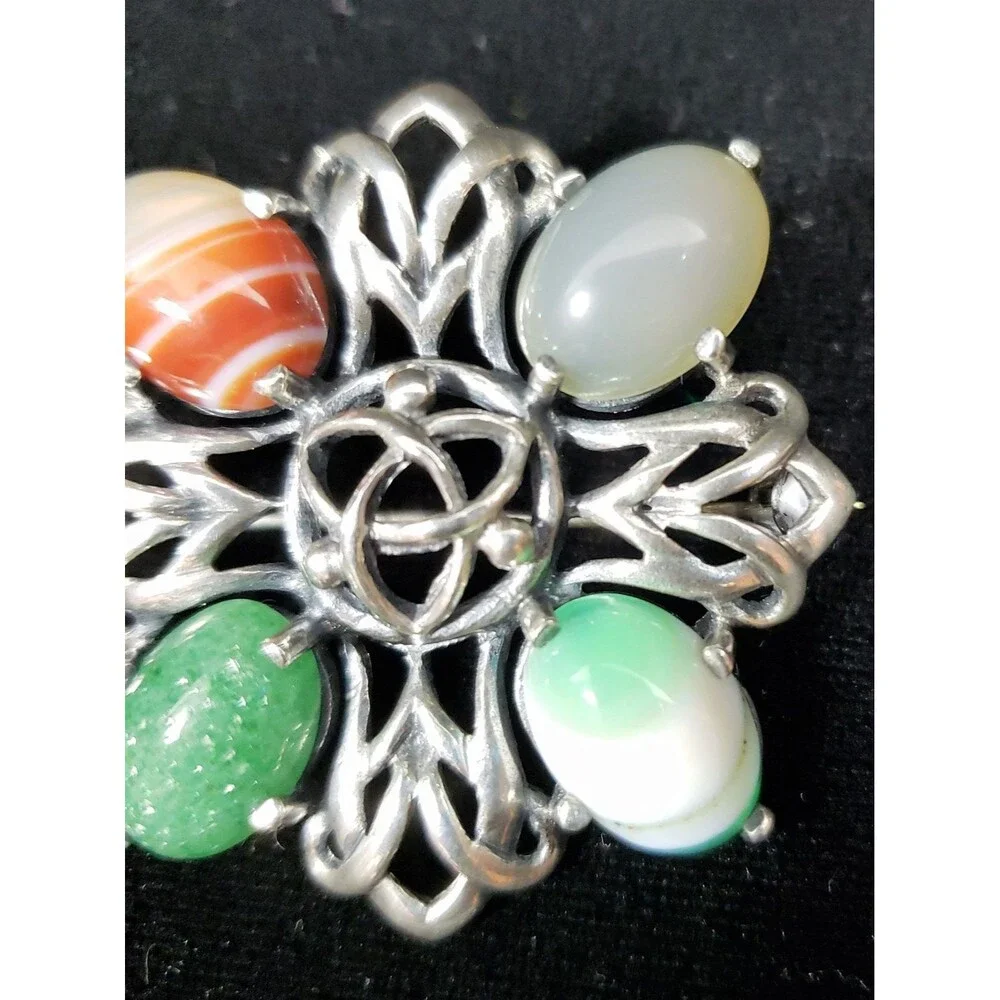 1960s Sterling Silver Celtic Cross Pin Brooch Agate Stones James Coull Scotland